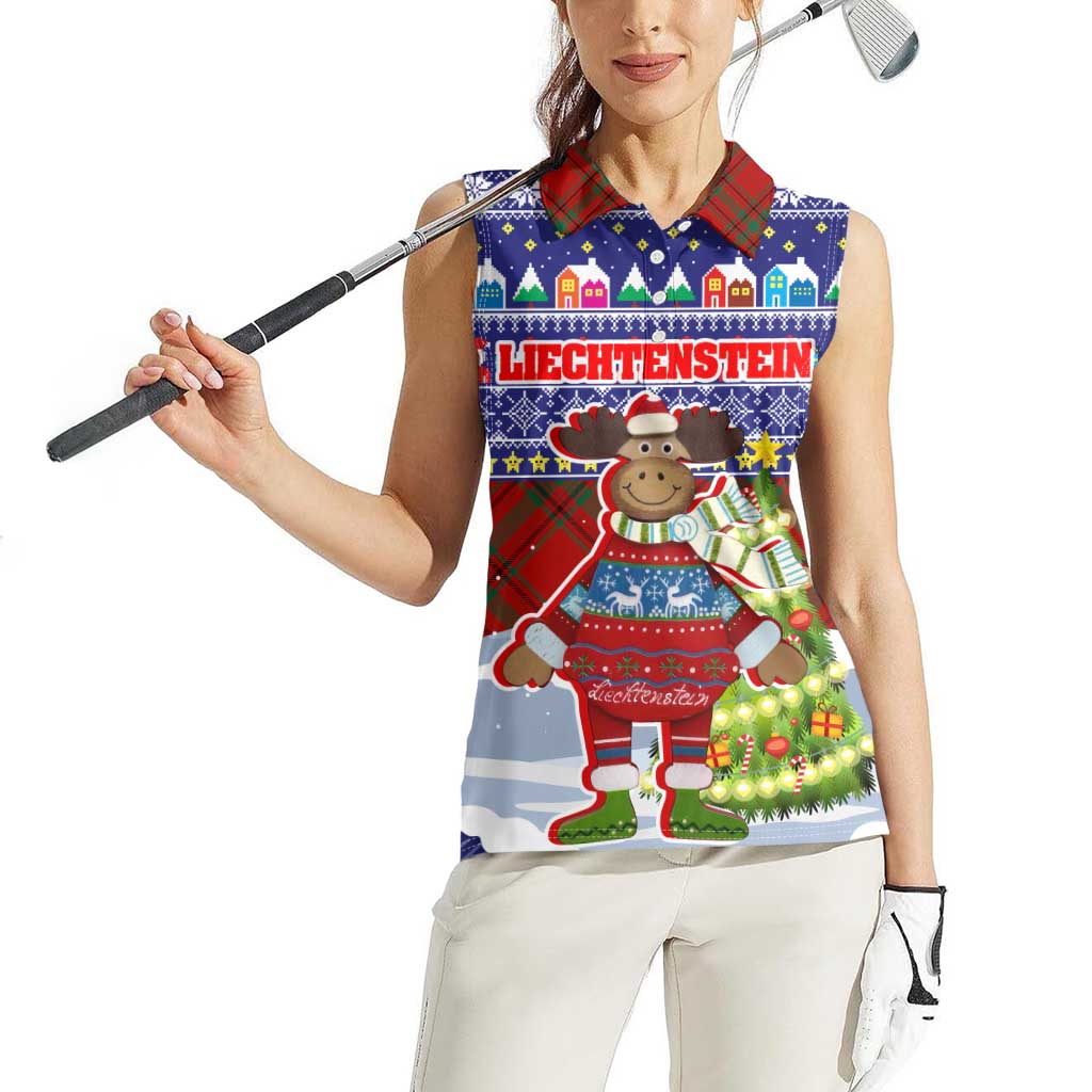 Liechtenstein Christmas Women Sleeveless Polo Shirt with Reindeer Character Holiday Village and Plaid Sleeves - Wonder Print Shop