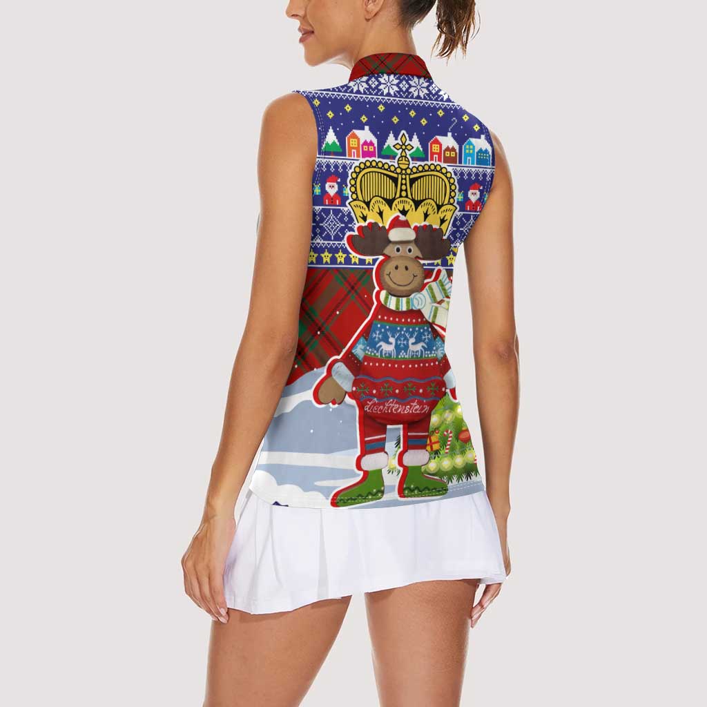 Liechtenstein Christmas Women Sleeveless Polo Shirt with Reindeer Character Holiday Village and Plaid Sleeves - Wonder Print Shop