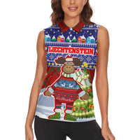 Liechtenstein Christmas Women Sleeveless Polo Shirt with Reindeer Character Holiday Village and Plaid Sleeves - Wonder Print Shop
