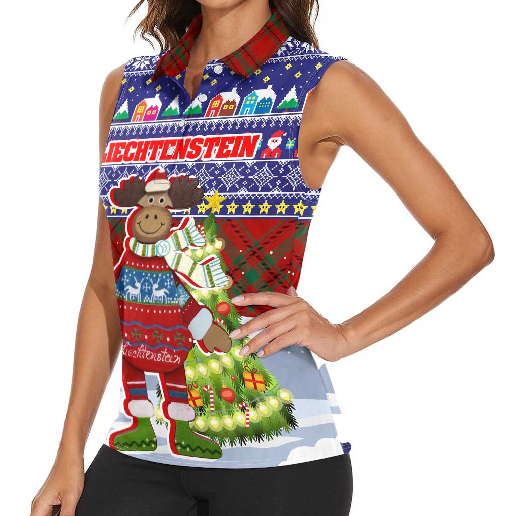 Liechtenstein Christmas Women Sleeveless Polo Shirt with Reindeer Character Holiday Village and Plaid Sleeves - Wonder Print Shop