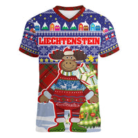 Liechtenstein Christmas Women V-Neck T-Shirt with Reindeer Character Holiday Village and Plaid Sleeves - Wonder Print Shop