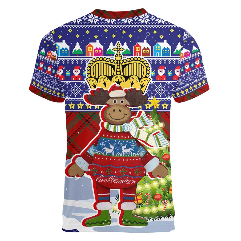 Liechtenstein Christmas Women V-Neck T-Shirt with Reindeer Character Holiday Village and Plaid Sleeves - Wonder Print Shop