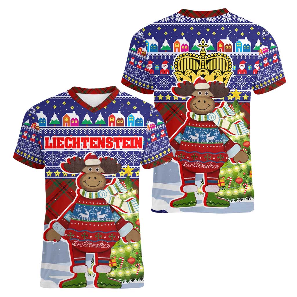 Liechtenstein Christmas Women V-Neck T-Shirt with Reindeer Character Holiday Village and Plaid Sleeves - Wonder Print Shop