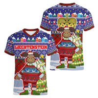 Liechtenstein Christmas Women V-Neck T-Shirt with Reindeer Character Holiday Village and Plaid Sleeves - Wonder Print Shop