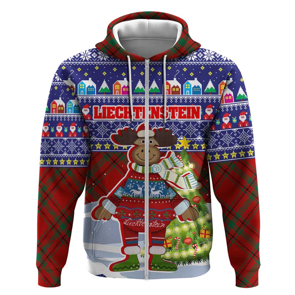 Liechtenstein Christmas Zip Hoodie with Reindeer Character Holiday Village and Plaid Sleeves - Wonder Print Shop