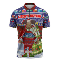 Liechtenstein Christmas Zipper Polo Shirt with Reindeer Character Holiday Village and Plaid Sleeves - Wonder Print Shop