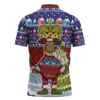 Liechtenstein Christmas Zipper Polo Shirt with Reindeer Character Holiday Village and Plaid Sleeves - Wonder Print Shop
