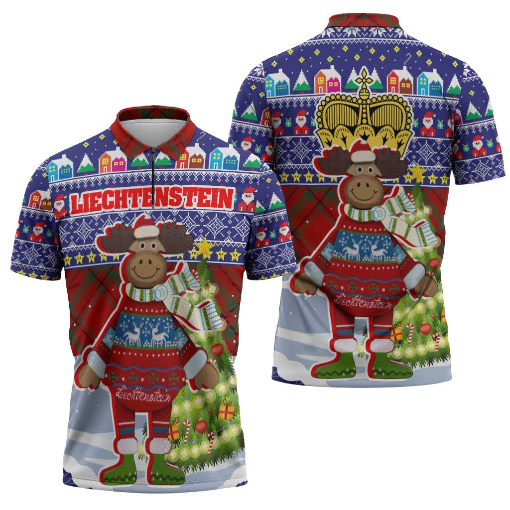 Liechtenstein Christmas Zipper Polo Shirt with Reindeer Character Holiday Village and Plaid Sleeves - Wonder Print Shop