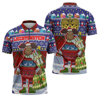Liechtenstein Christmas Zipper Polo Shirt with Reindeer Character Holiday Village and Plaid Sleeves - Wonder Print Shop