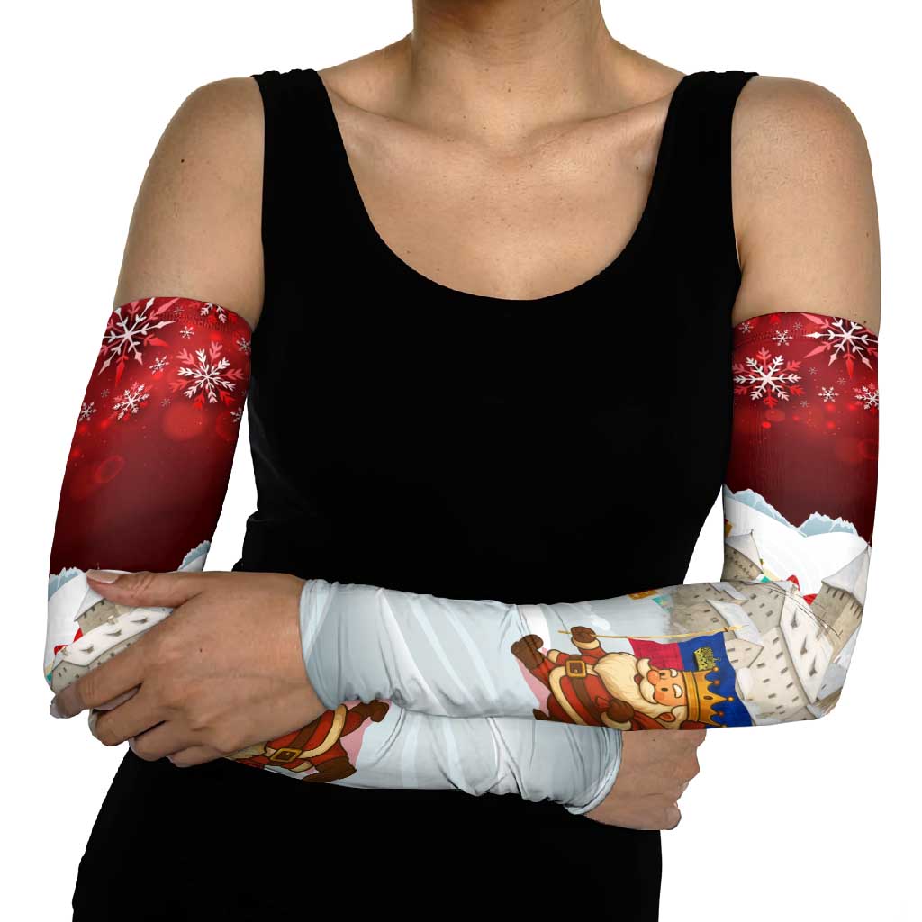 Liechtenstein Christmas Arm Sleeves with Santa Claus Castle Snowflakes and National Flag - Wonder Print Shop