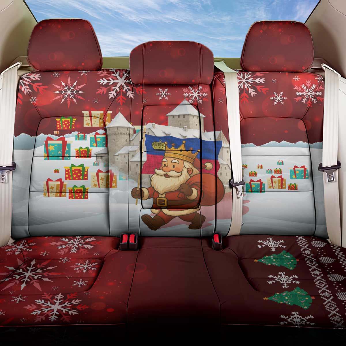 Liechtenstein Christmas Back Car Seat Cover with Santa Claus Castle Snowflakes and National Flag - Wonder Print Shop