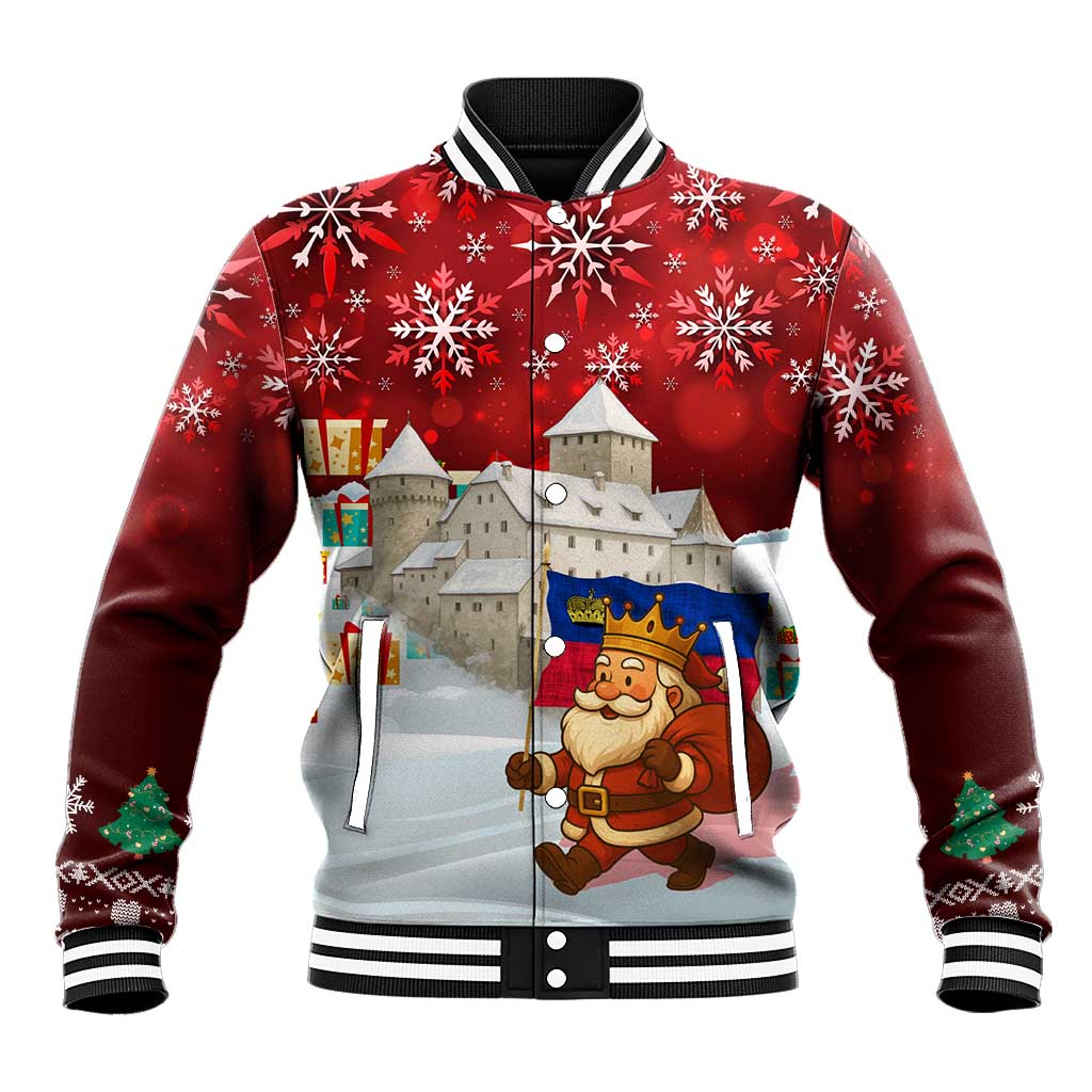 Liechtenstein Christmas Baseball Jacket with Santa Claus Castle Snowflakes and National Flag - Wonder Print Shop