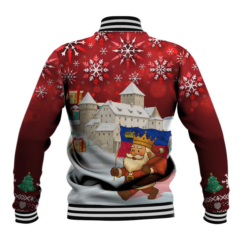 Liechtenstein Christmas Baseball Jacket with Santa Claus Castle Snowflakes and National Flag - Wonder Print Shop
