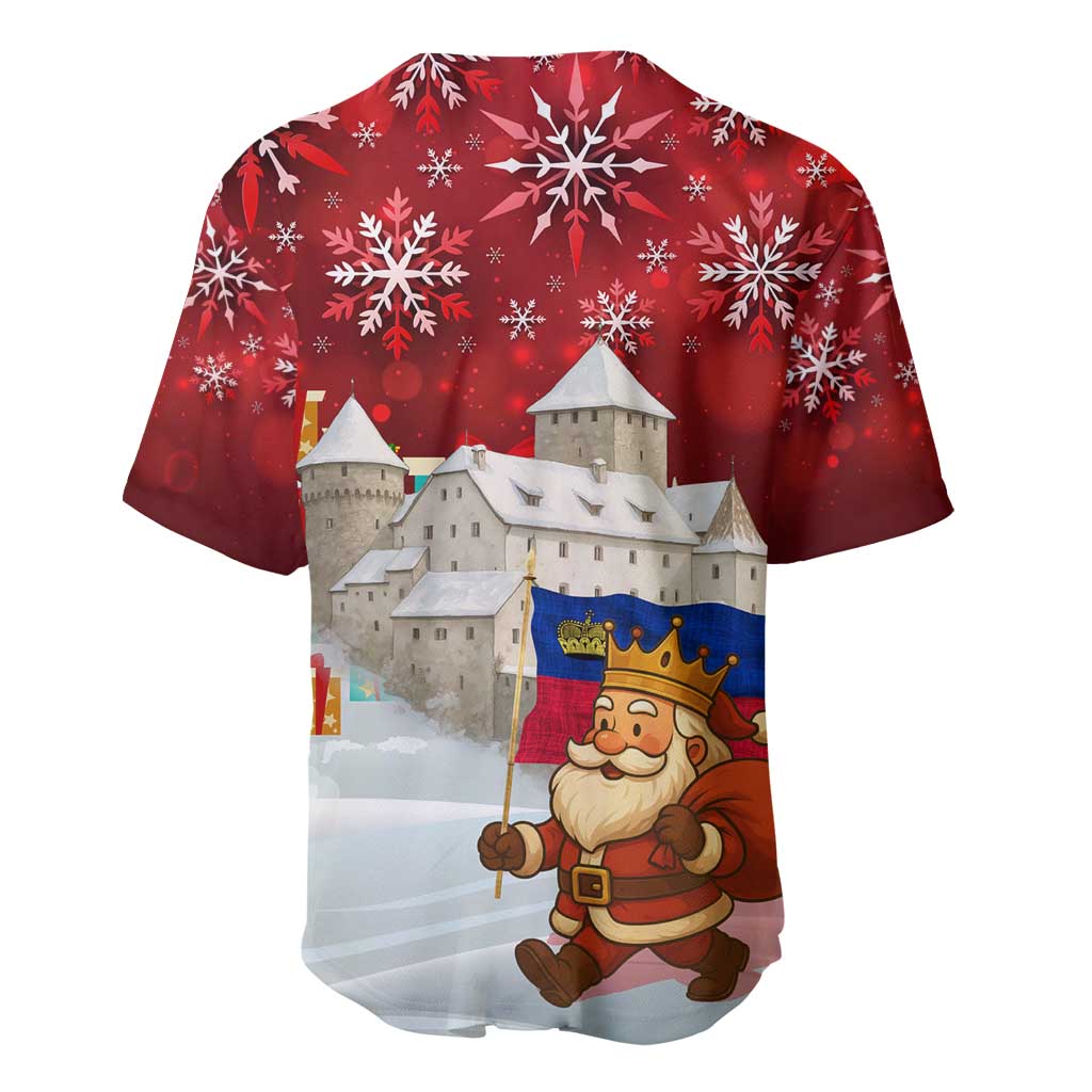 Liechtenstein Christmas Baseball Jersey with Santa Claus Castle Snowflakes and National Flag - Wonder Print Shop