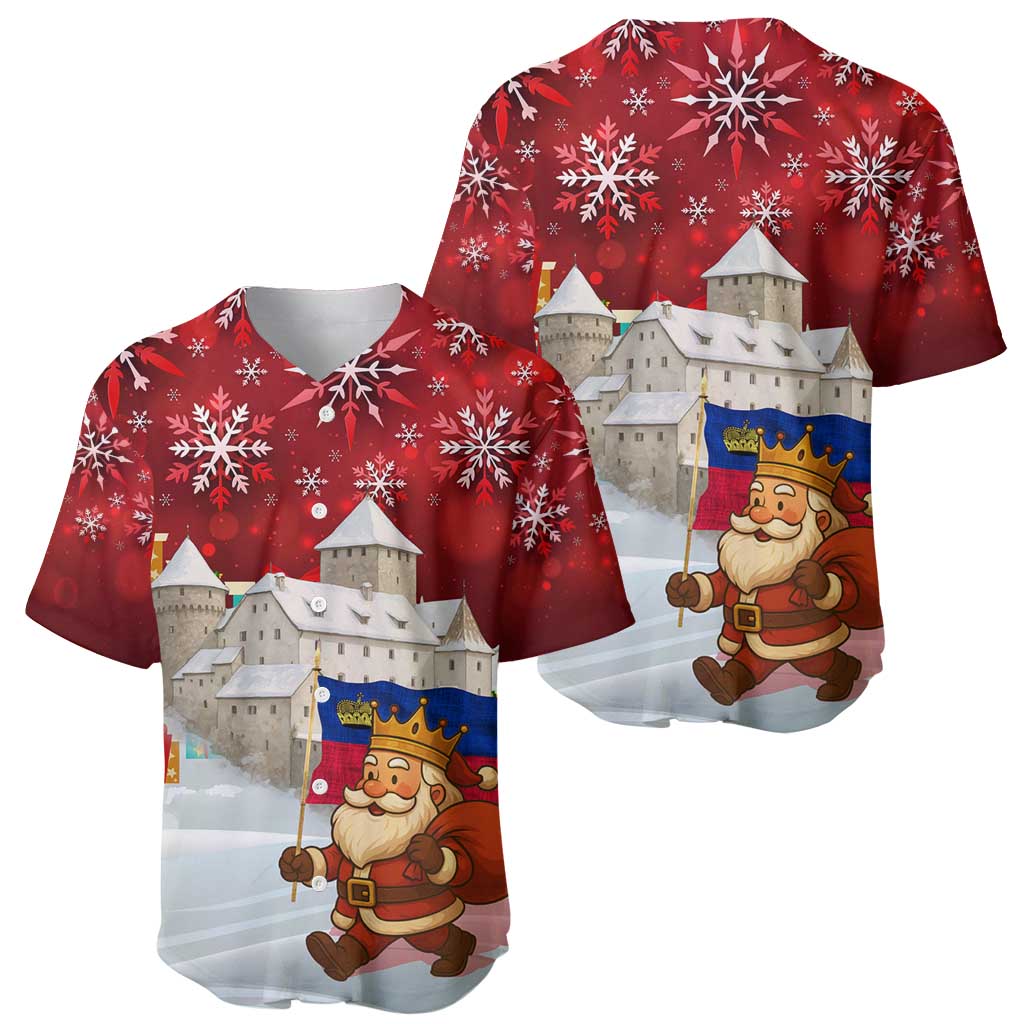 Liechtenstein Christmas Baseball Jersey with Santa Claus Castle Snowflakes and National Flag - Wonder Print Shop