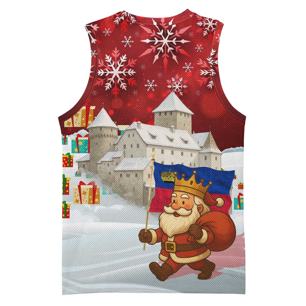 Liechtenstein Christmas Basketball Jersey with Santa Claus Castle Snowflakes and National Flag - Wonder Print Shop
