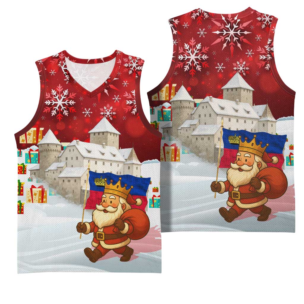 Liechtenstein Christmas Basketball Jersey with Santa Claus Castle Snowflakes and National Flag - Wonder Print Shop