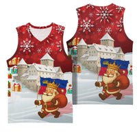 Liechtenstein Christmas Basketball Jersey with Santa Claus Castle Snowflakes and National Flag - Wonder Print Shop