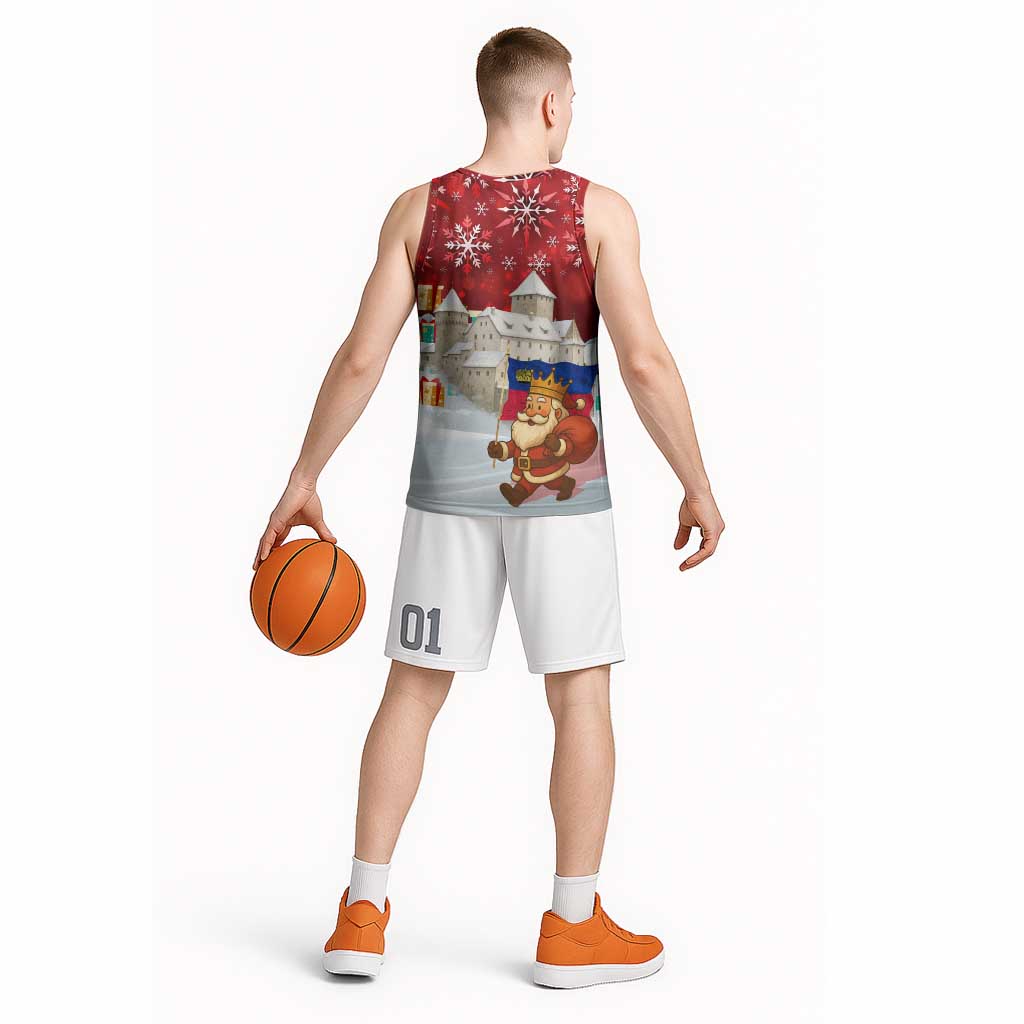 Liechtenstein Christmas Basketball Jersey with Santa Claus Castle Snowflakes and National Flag - Wonder Print Shop