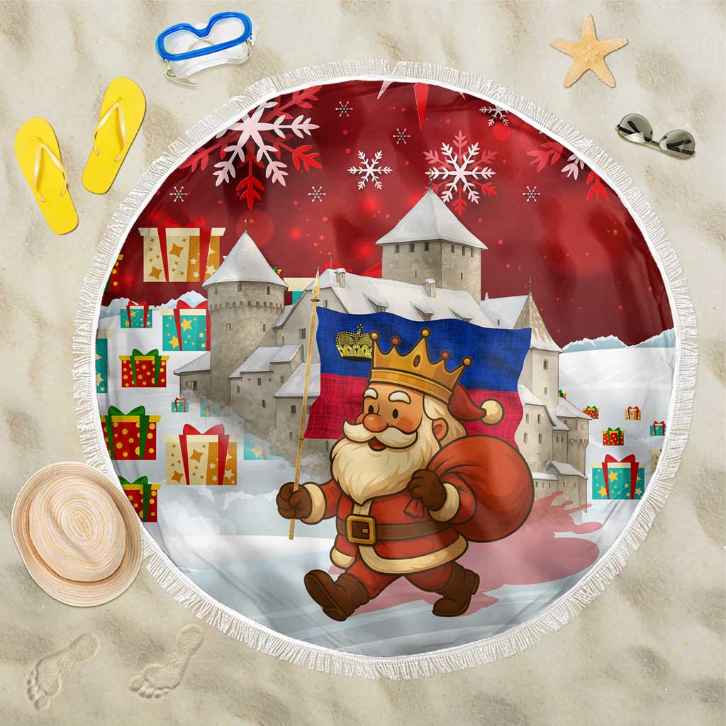 Liechtenstein Christmas Beach Blanket with Santa Claus Castle Snowflakes and National Flag - Wonder Print Shop