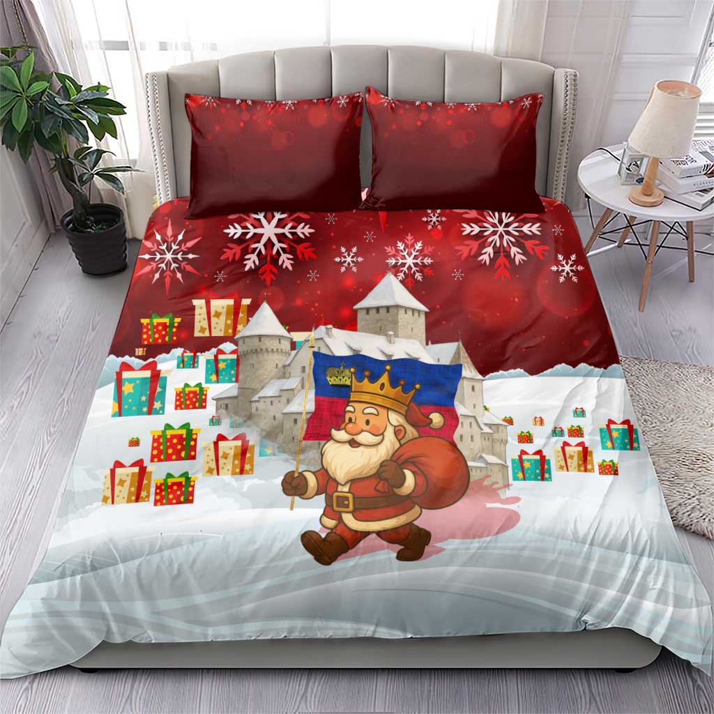 Liechtenstein Christmas Bedding Set with Santa Claus Castle Snowflakes and National Flag - Wonder Print Shop