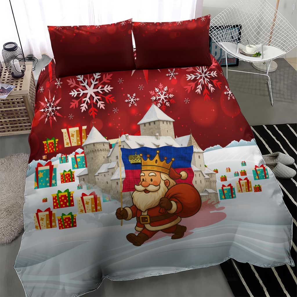 Liechtenstein Christmas Bedding Set with Santa Claus Castle Snowflakes and National Flag - Wonder Print Shop