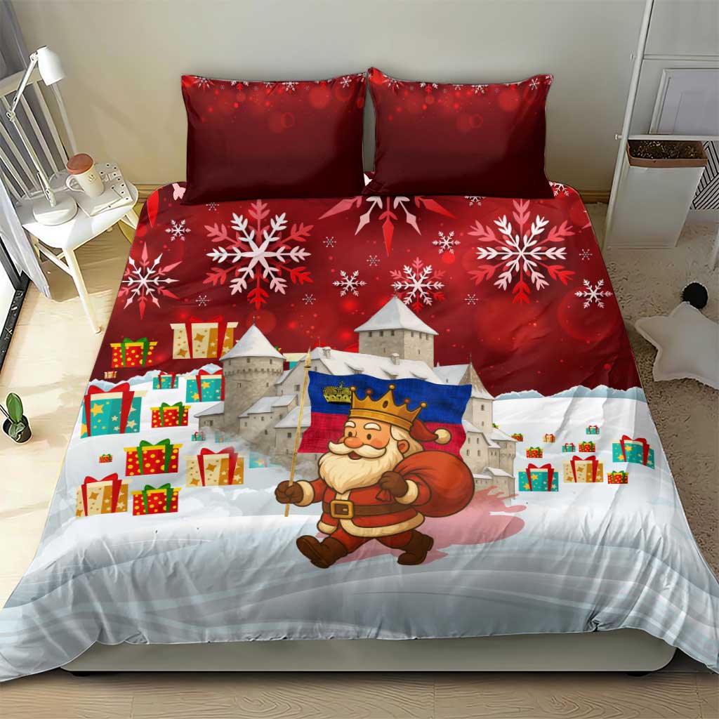 Liechtenstein Christmas Bedding Set with Santa Claus Castle Snowflakes and National Flag - Wonder Print Shop