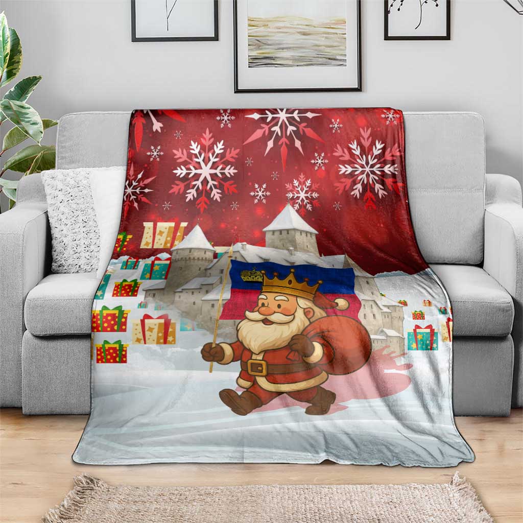 Liechtenstein Christmas Blanket with Santa Claus Castle Snowflakes and National Flag - Wonder Print Shop