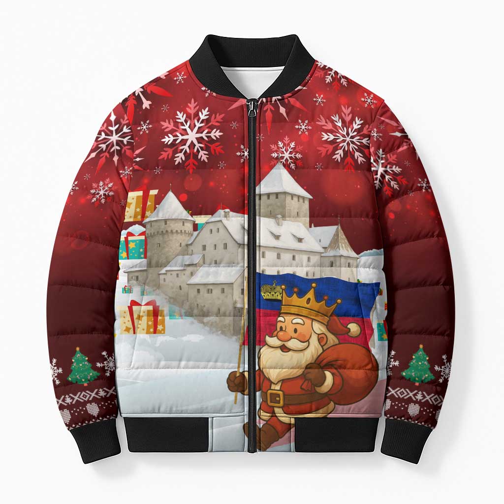Liechtenstein Christmas Bomber Puffer Jacket with Santa Claus Castle Snowflakes and National Flag - Wonder Print Shop