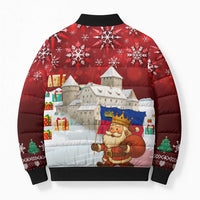 Liechtenstein Christmas Bomber Puffer Jacket with Santa Claus Castle Snowflakes and National Flag - Wonder Print Shop