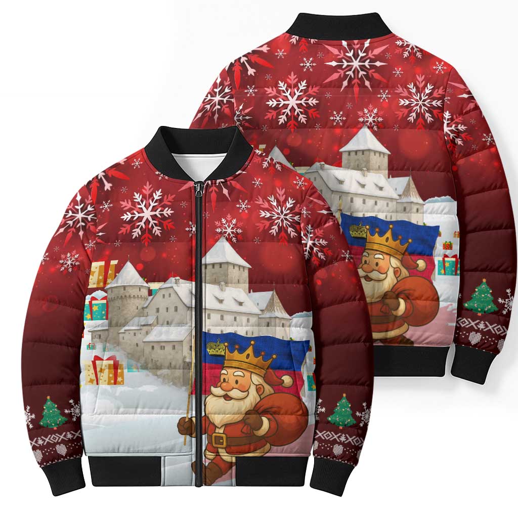 Liechtenstein Christmas Bomber Puffer Jacket with Santa Claus Castle Snowflakes and National Flag - Wonder Print Shop