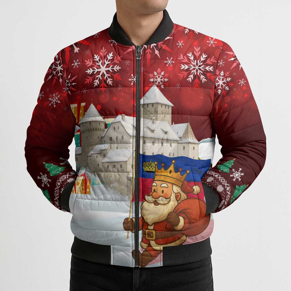 Liechtenstein Christmas Bomber Puffer Jacket with Santa Claus Castle Snowflakes and National Flag - Wonder Print Shop
