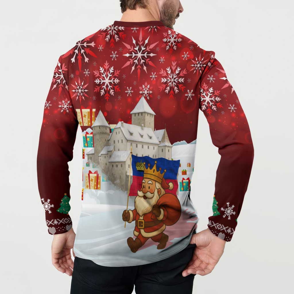 Liechtenstein Christmas Button Sweatshirt with Santa Claus Castle Snowflakes and National Flag - Wonder Print Shop