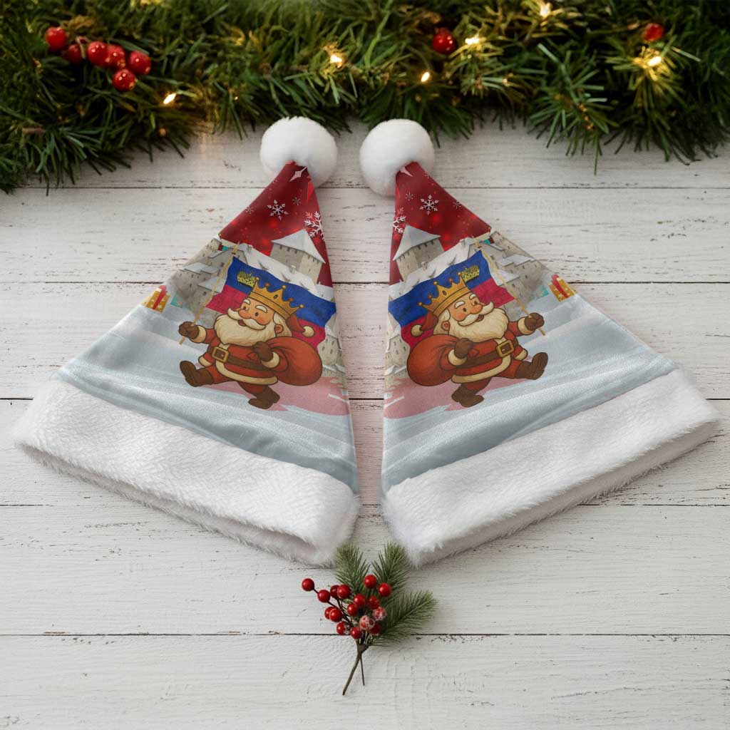 Liechtenstein Christmas Santa Hat with Santa Claus Castle Snowflakes and National Flag - Wonder Print Shop