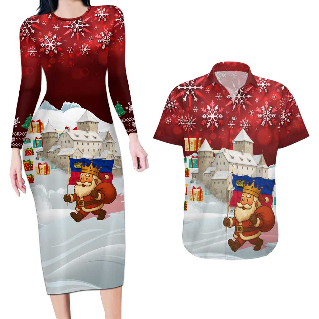 Liechtenstein Christmas Couples Matching Long Sleeve Bodycon Dress and Hawaiian Shirt with Santa Claus Castle Snowflakes and National Flag - Wonder Print Shop