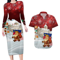 Liechtenstein Christmas Couples Matching Long Sleeve Bodycon Dress and Hawaiian Shirt with Santa Claus Castle Snowflakes and National Flag - Wonder Print Shop