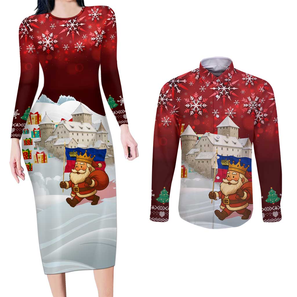 Liechtenstein Christmas Couples Matching Long Sleeve Bodycon Dress and Long Sleeve Button Shirt with Santa Claus Castle Snowflakes and National Flag - Wonder Print Shop
