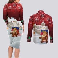 Liechtenstein Christmas Couples Matching Long Sleeve Bodycon Dress and Long Sleeve Button Shirt with Santa Claus Castle Snowflakes and National Flag - Wonder Print Shop