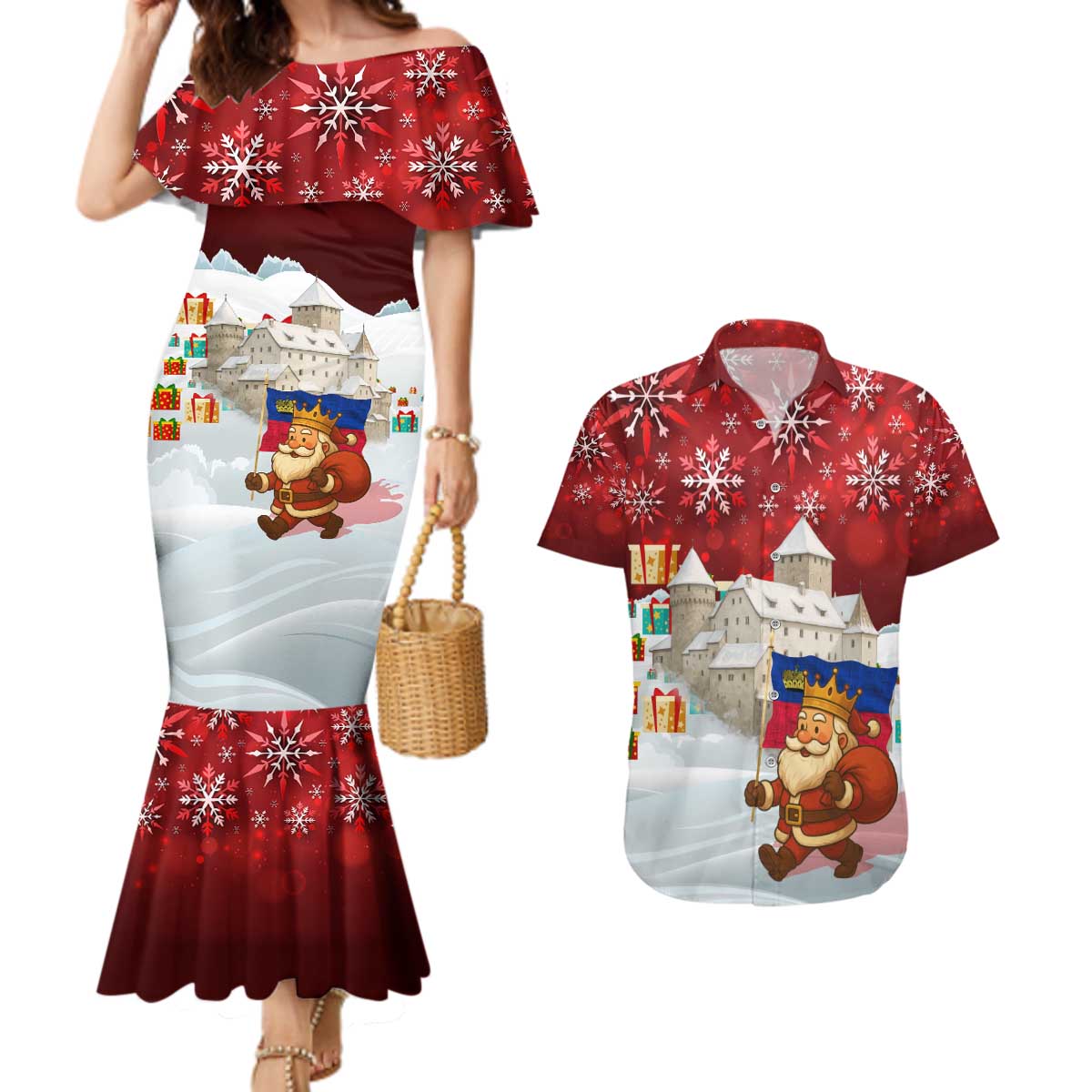 Liechtenstein Christmas Couples Matching Mermaid Dress and Hawaiian Shirt with Santa Claus Castle Snowflakes and National Flag - Wonder Print Shop