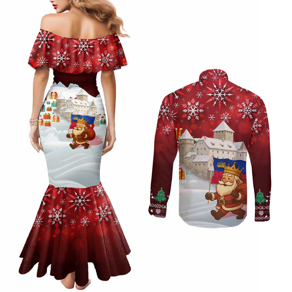 Liechtenstein Christmas Couples Matching Mermaid Dress and Long Sleeve Button Shirt with Santa Claus Castle Snowflakes and National Flag - Wonder Print Shop