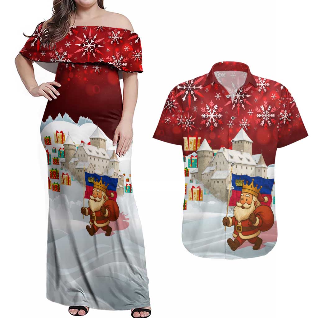 Liechtenstein Christmas Couples Matching Off Shoulder Maxi Dress and Hawaiian Shirt with Santa Claus Castle Snowflakes and National Flag - Wonder Print Shop