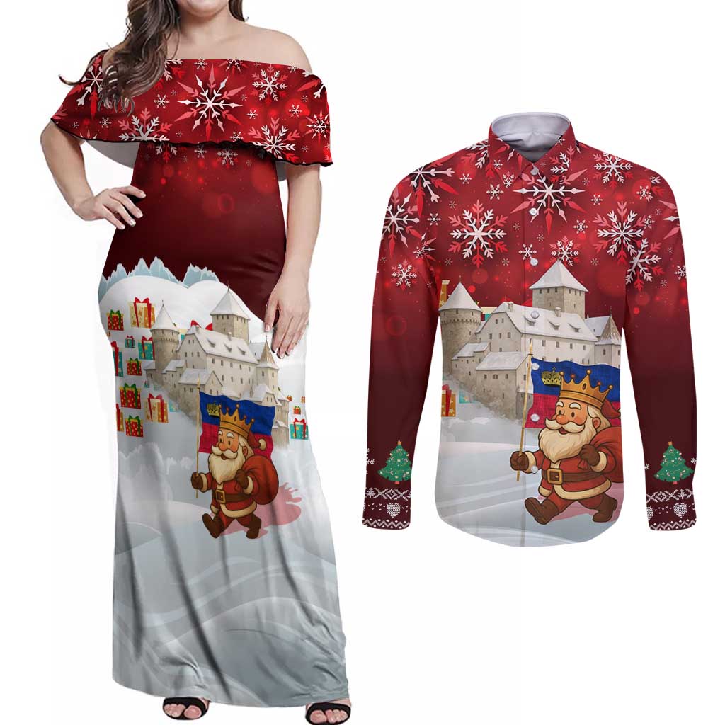 Liechtenstein Christmas Couples Matching Off Shoulder Maxi Dress and Long Sleeve Button Shirt with Santa Claus Castle Snowflakes and National Flag - Wonder Print Shop