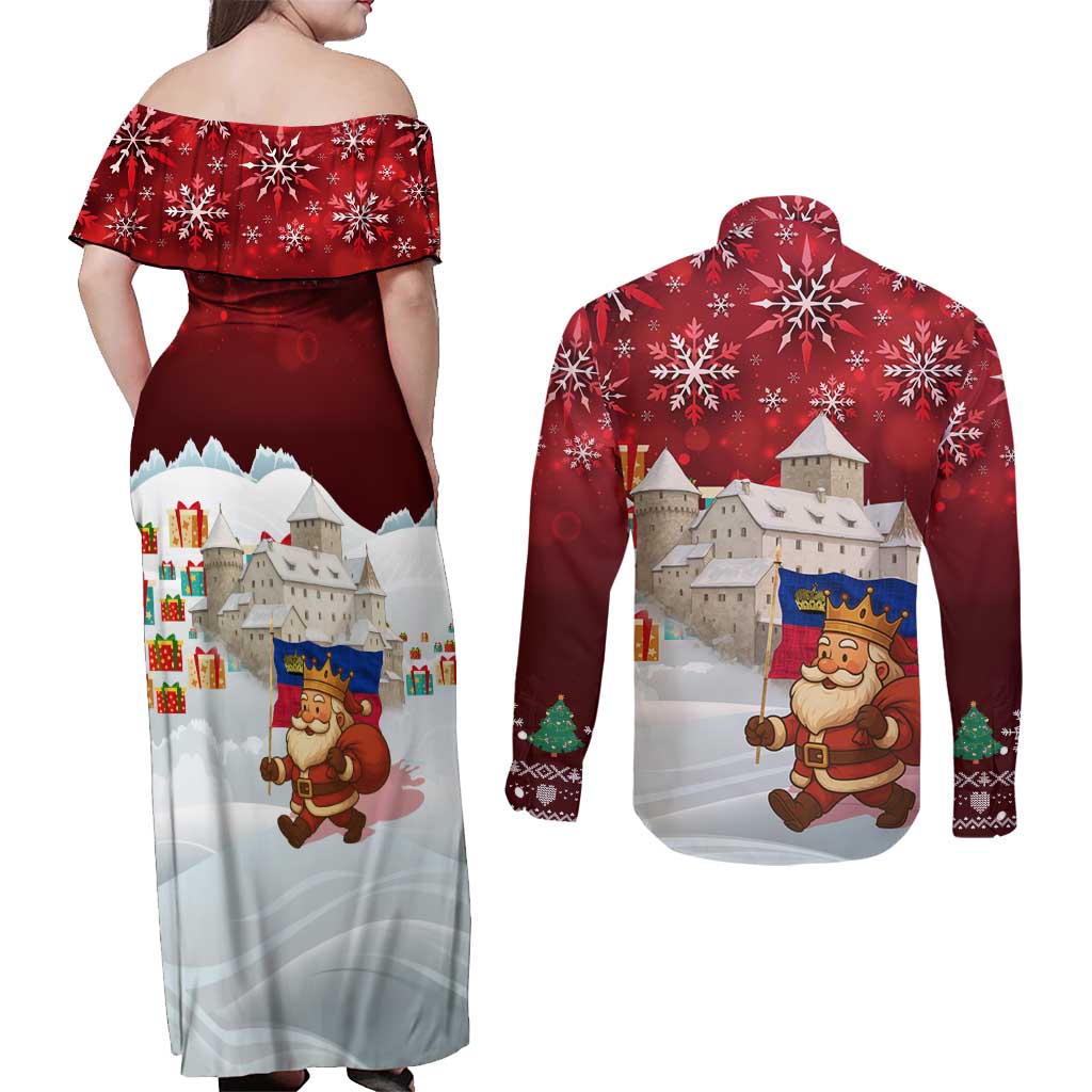 Liechtenstein Christmas Couples Matching Off Shoulder Maxi Dress and Long Sleeve Button Shirt with Santa Claus Castle Snowflakes and National Flag - Wonder Print Shop