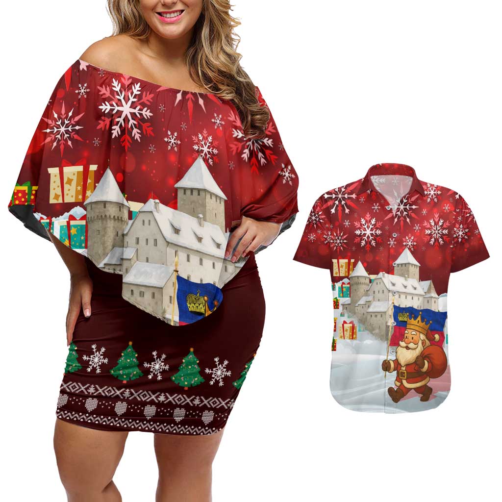 Liechtenstein Christmas Couples Matching Off Shoulder Short Dress and Hawaiian Shirt with Santa Claus Castle Snowflakes and National Flag - Wonder Print Shop