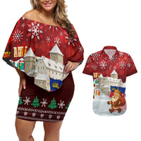 Liechtenstein Christmas Couples Matching Off Shoulder Short Dress and Hawaiian Shirt with Santa Claus Castle Snowflakes and National Flag - Wonder Print Shop