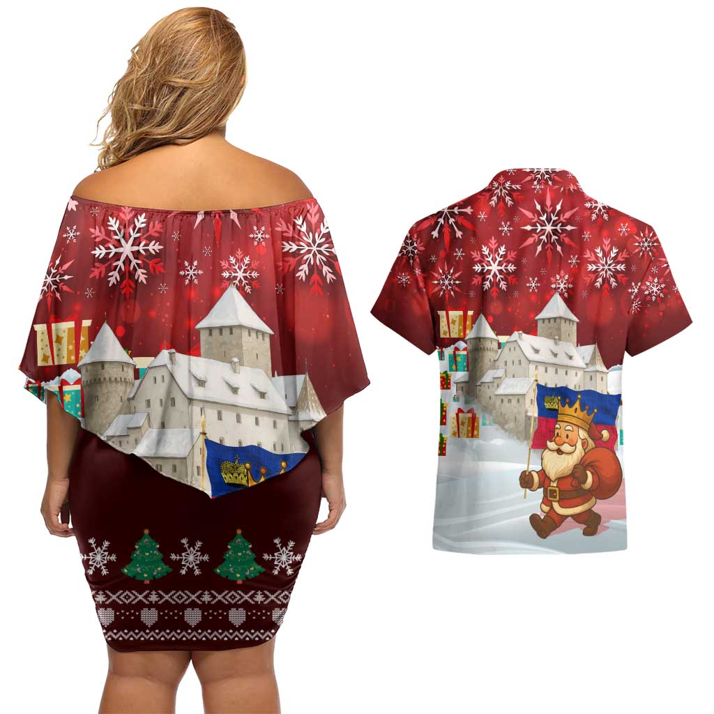 Liechtenstein Christmas Couples Matching Off Shoulder Short Dress and Hawaiian Shirt with Santa Claus Castle Snowflakes and National Flag - Wonder Print Shop