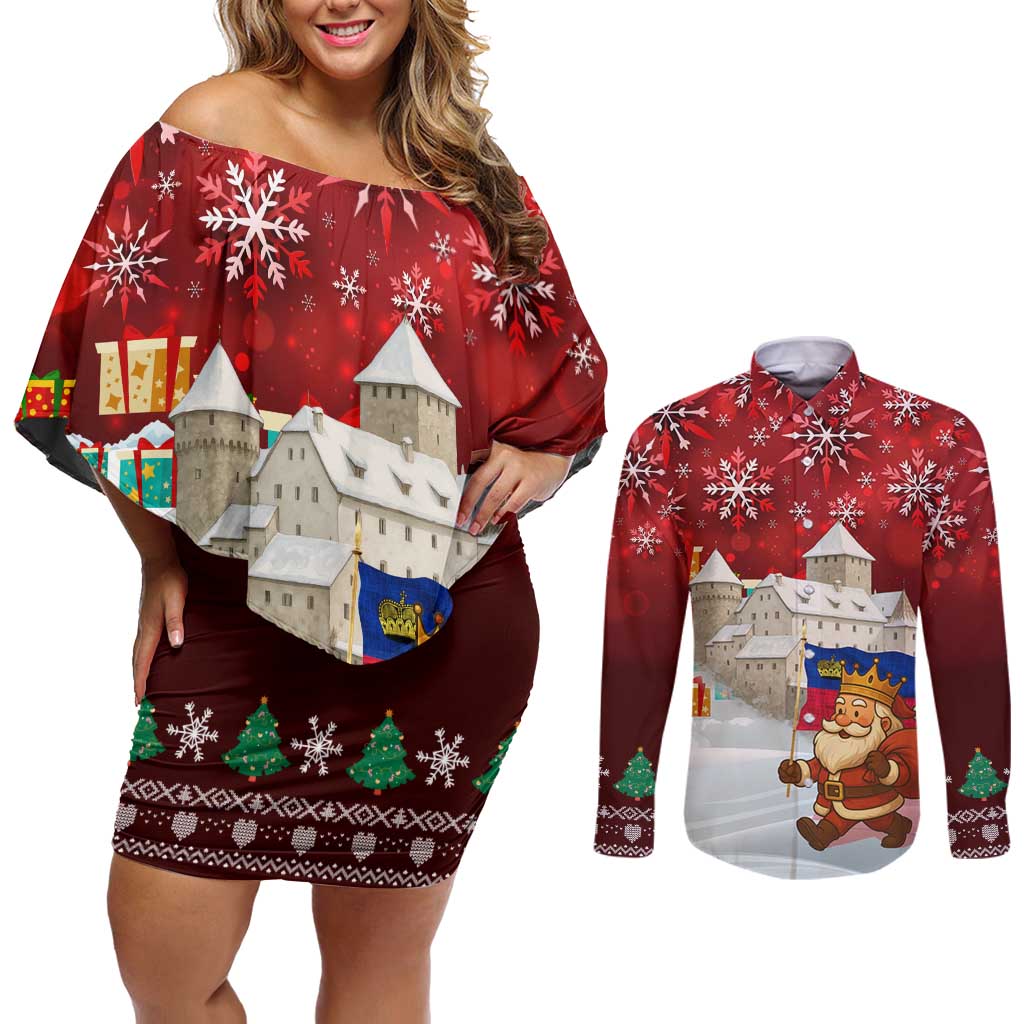 Liechtenstein Christmas Couples Matching Off Shoulder Short Dress and Long Sleeve Button Shirt with Santa Claus Castle Snowflakes and National Flag - Wonder Print Shop