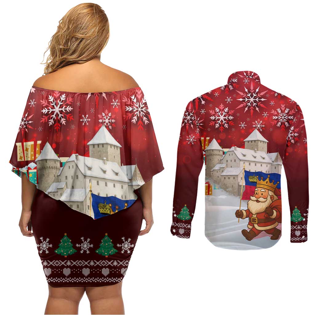Liechtenstein Christmas Couples Matching Off Shoulder Short Dress and Long Sleeve Button Shirt with Santa Claus Castle Snowflakes and National Flag - Wonder Print Shop