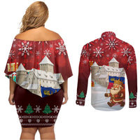 Liechtenstein Christmas Couples Matching Off Shoulder Short Dress and Long Sleeve Button Shirt with Santa Claus Castle Snowflakes and National Flag - Wonder Print Shop