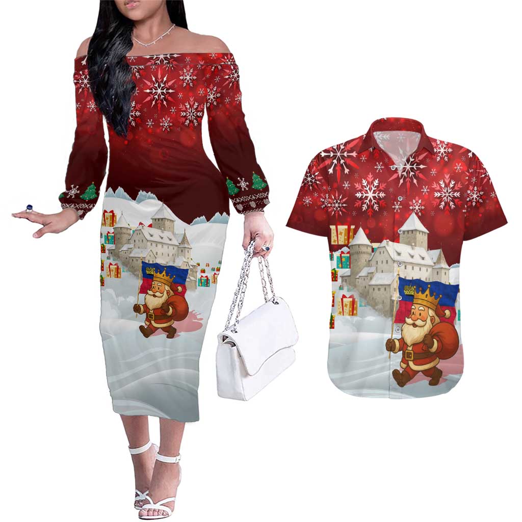Liechtenstein Christmas Couples Matching Off The Shoulder Long Sleeve Dress and Hawaiian Shirt with Santa Claus Castle Snowflakes and National Flag - Wonder Print Shop